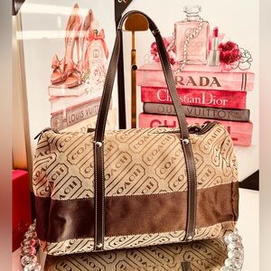 Coach Signature Brown and Tan canvas and strings leather shoulder bag